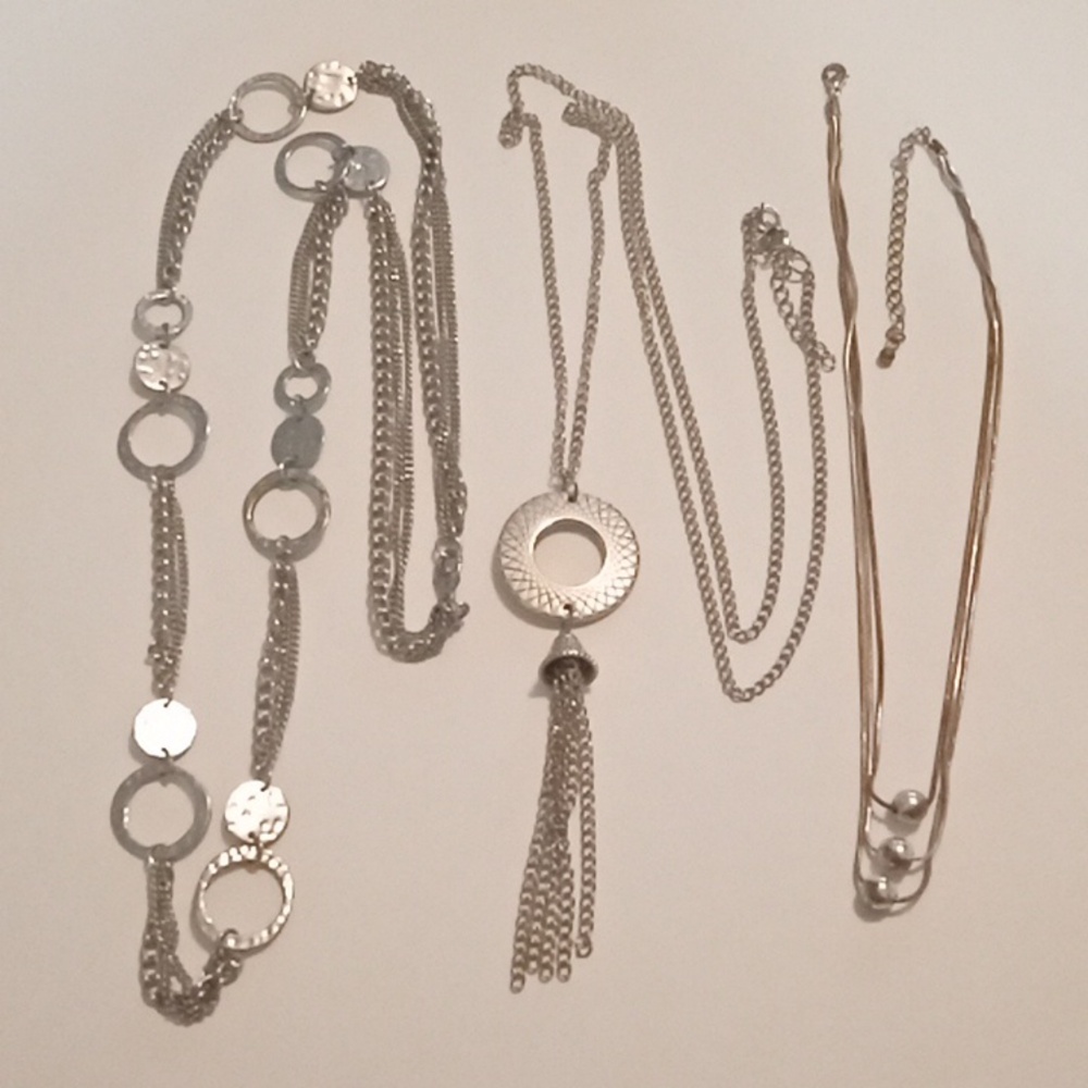 #1154. 3 Piece Assorted, Silver Toned,Chain,Tassel & Multi Layer Necklace Bundle